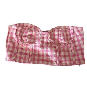 ZARA Gingham Corset Style Bustier Bandeau Crop Top Pink White Sz L Juniors/teens